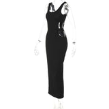 vestido longo de festa recortes vazado fenda sexy sensual colado cut out decote verão liso elegante club preto