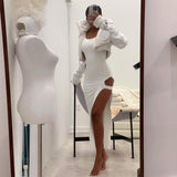 vestido longo de festa recortes vazado fenda sexy sensual colado cut out decote verão liso elegante club branco