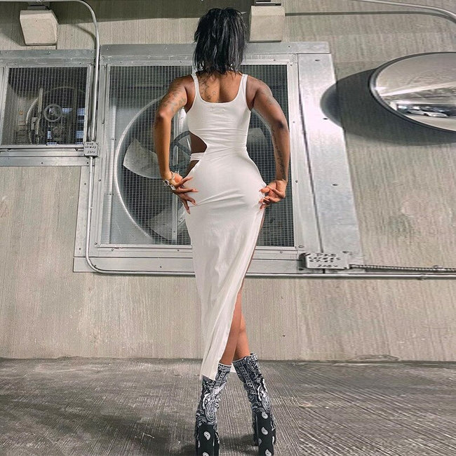 vestido longo de festa recortes vazado fenda sexy sensual colado cut out decote verão liso elegante club branco