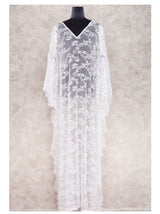Vestido Longo de Renda Transparente Mangas Morcego, P, M, G, GG, Branco