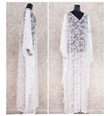 Vestido Longo de Renda Transparente Mangas Morcego, P, M, G, GG, Branco