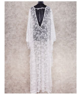 Vestido Longo de Renda Transparente Mangas Morcego, P, M, G, GG, Branco