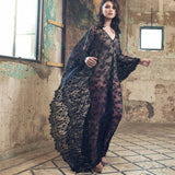 Vestido Longo de Renda Transparente Mangas Morcego, P, M, G, GG, Preto
