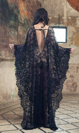 Vestido Longo de Renda Transparente Mangas Morcego, P, M, G, GG, Preto