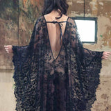 Vestido Longo de Renda Transparente Mangas Morcego, P, M, G, GG, Preto