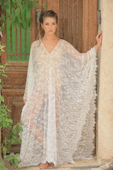 Vestido Longo de Renda Transparente Mangas Morcego, P, M, G, GG, Branco