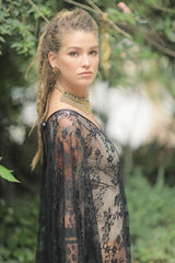 Vestido Longo de Renda Transparente Mangas Morcego, P, M, G, GG, Preto