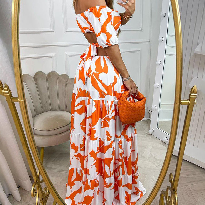 Vestido Longo Estampado Cintura Vazada Manga Curta, PP, P, M, G, GG, 2G, Laranja