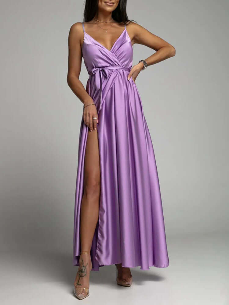 Vestido de Festa Longo Transpasse Liso c Fenda de Alcinha