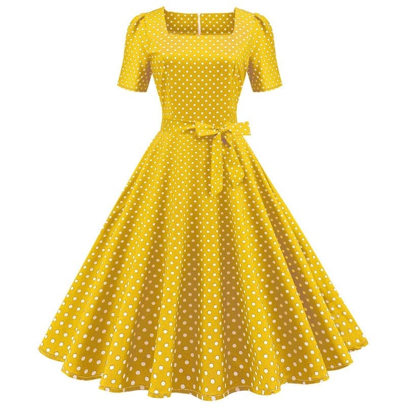 Vestido Retrô de Bolinha Manga Curta Plus Size, P, M, G, GG, 2G, Amarelo