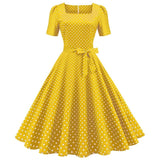 Vestido Retrô de Bolinha Manga Curta Plus Size, P, M, G, GG, 2G, Amarelo