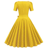 Vestido Retrô de Bolinha Manga Curta Plus Size, P, M, G, GG, 2G, Amarelo