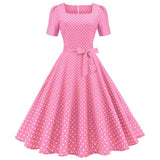 Vestido Retrô de Bolinha Manga Curta Plus Size, P, M, G, GG, 2G, Rosa