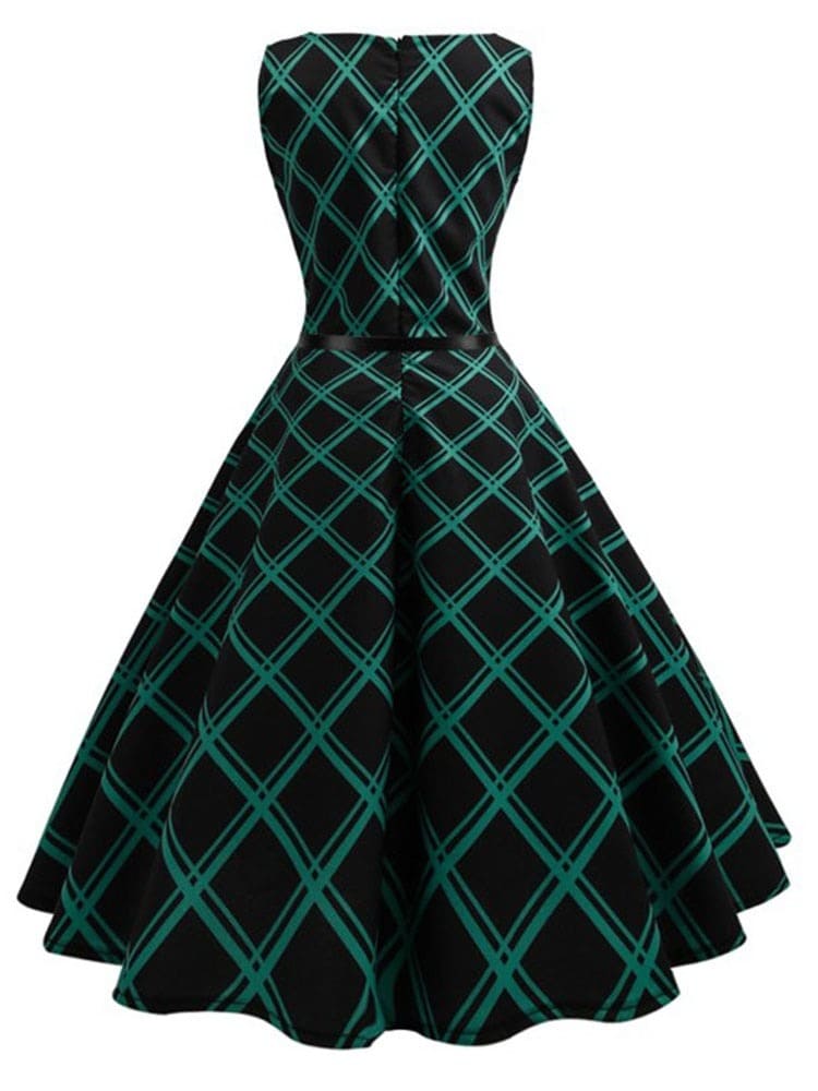 Vestido Retrô Marilyn Regata Estampado Acinturado Midi, P, M, G, GG, 2G, Preto e Verde Xadrez