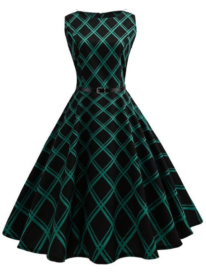 Vestido Retrô Marilyn Regata Estampado Acinturado Midi, P, M, G, GG, 2G, Preto e Verde Xadrez