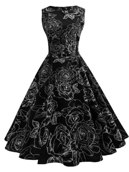 Vestido Retrô Marilyn Regata Estampado Acinturado Midi, P, M, G, GG, 2G, Preto e Branco Floral