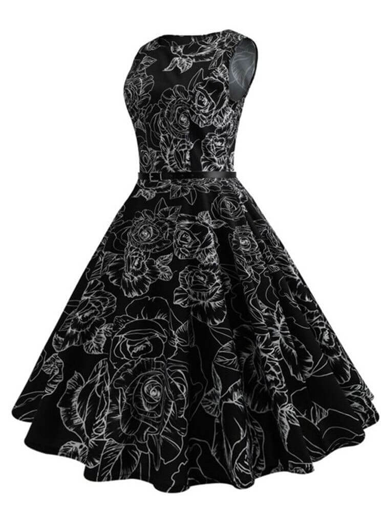 Vestido Retrô Marilyn Regata Estampado Acinturado Midi, P, M, G, GG, 2G, Preto e Branco Floral