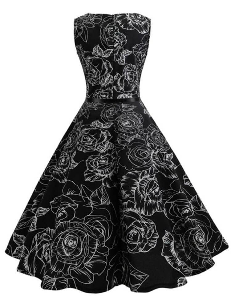 Vestido Retrô Marilyn Regata Estampado Acinturado Midi, P, M, G, GG, 2G, Preto e Branco Floral