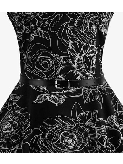 Vestido Retrô Marilyn Regata Estampado Acinturado Midi, P, M, G, GG, 2G, Preto e Branco Floral