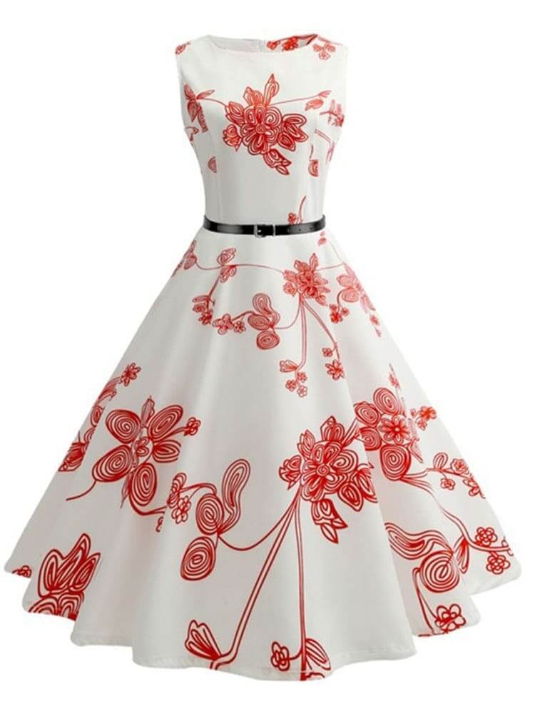 Vestido Retrô Marilyn Regata Estampado Acinturado Midi, P, M, G, GG, 2G, Branco e Vermelho Floral