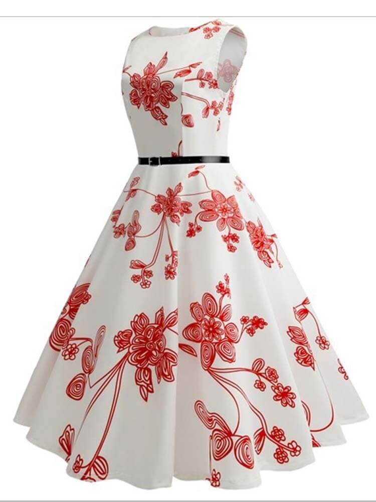 Vestido Retrô Marilyn Regata Estampado Acinturado Midi, P, M, G, GG, 2G, Branco e Vermelho Floral