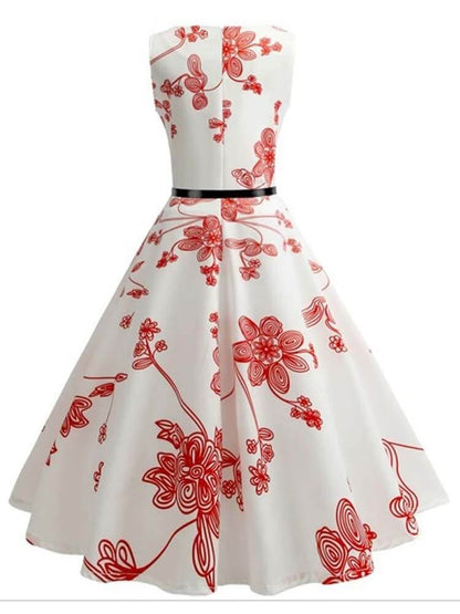 Vestido Retrô Marilyn Regata Estampado Acinturado Midi, P, M, G, GG, 2G, Branco e Vermelho Floral