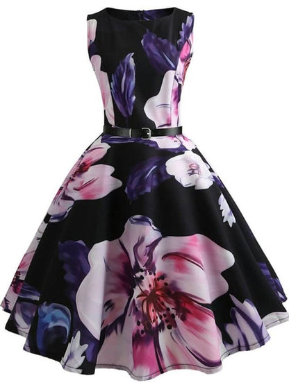 Vestido Retrô Marilyn Regata Estampado Acinturado Midi, P, M, G, GG, 2G, Preto e Roxo Floral