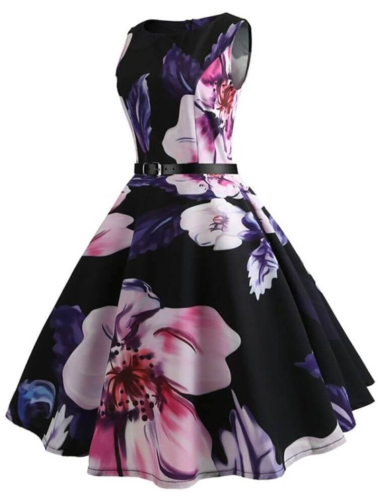 Vestido Retrô Marilyn Regata Estampado Acinturado Midi, P, M, G, GG, 2G, Preto e Roxo Floral