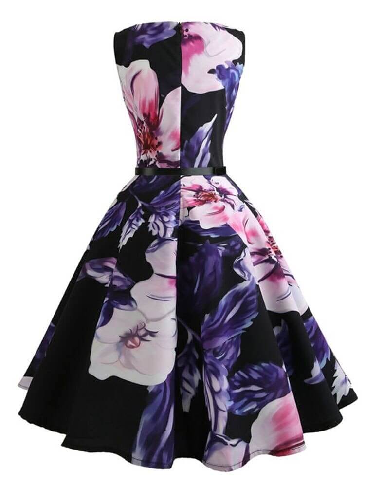 Vestido Retrô Marilyn Regata Estampado Acinturado Midi, P, M, G, GG, 2G, Preto e Roxo Floral