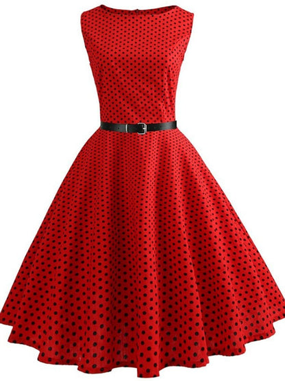 Vestido Retrô Marilyn Regata Estampado Acinturado Midi, P, M, G, GG, 2G, Vermelho e Preto Poá