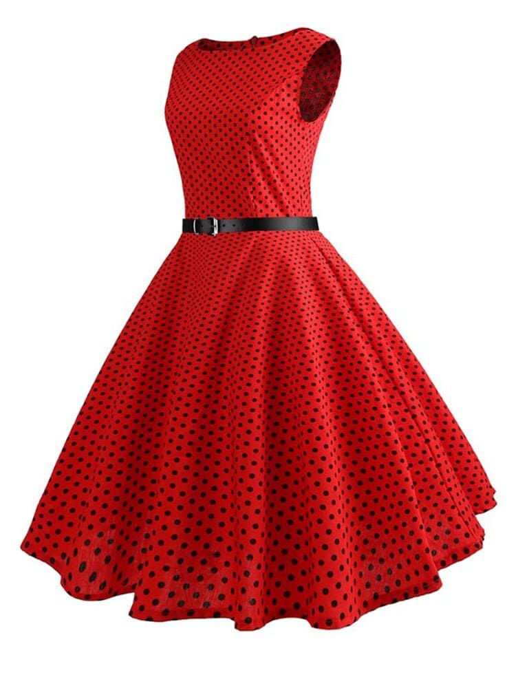 Vestido Retrô Marilyn Regata Estampado Acinturado Midi, P, M, G, GG, 2G, Vermelho e Preto Poá