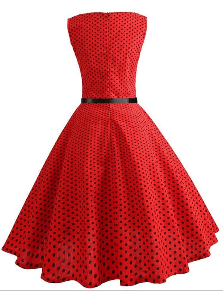 Vestido Retrô Marilyn Regata Estampado Acinturado Midi, P, M, G, GG, 2G, Vermelho e Preto Poá