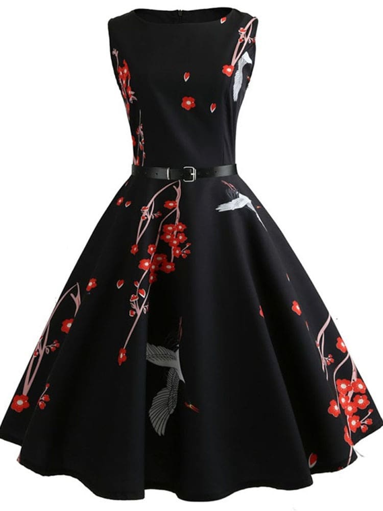 Vestido Retrô Marilyn Regata Estampado Acinturado Midi, P, M, G, GG, 2G, Preto e Vermelho Floral e Pássaros