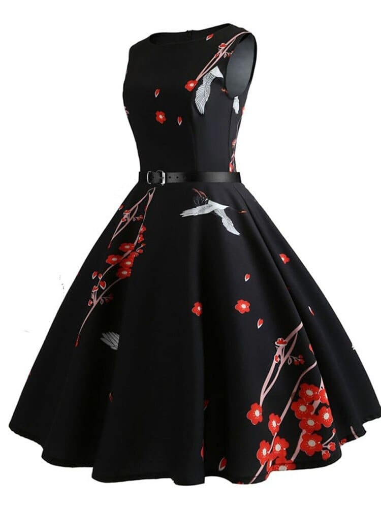 Vestido Retrô Marilyn Regata Estampado Acinturado Midi, P, M, G, GG, 2G, Preto e Vermelho Floral e Pássaros