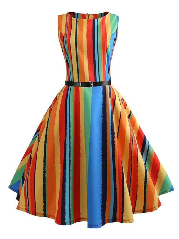 Vestido Retrô Marilyn Regata Estampado Acinturado Midi, P, M, G, GG, 2G, Multicor Listrado