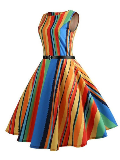 Vestido Retrô Marilyn Regata Estampado Acinturado Midi, P, M, G, GG, 2G, Multicor Listrado