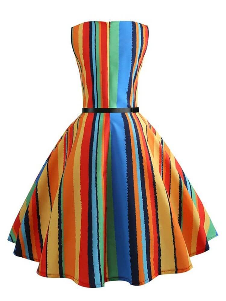 Vestido Retrô Marilyn Regata Estampado Acinturado Midi, P, M, G, GG, 2G, Multicor Listrado