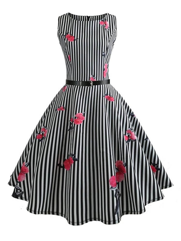 Vestido Retrô Marilyn Regata Estampado Acinturado Midi, P, M, G, GG, 2G, Preto e Branco Listrado Floral