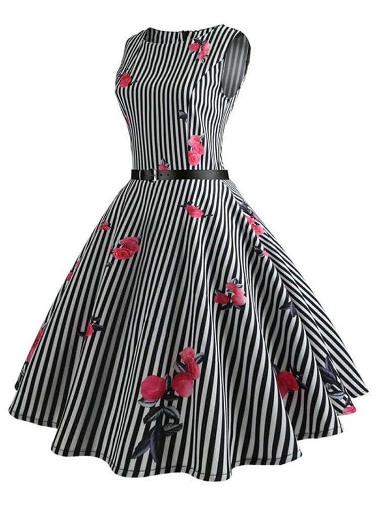 Vestido Retrô Marilyn Regata Estampado Acinturado Midi, P, M, G, GG, 2G, Preto e Branco Listrado Floral