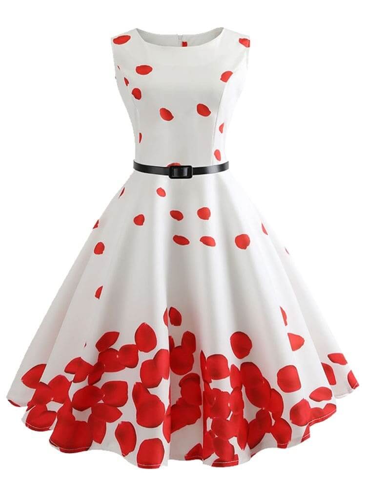 Vestido Retrô Marilyn Regata Estampado Acinturado Midi, P, M, G, GG, 2G, Branco e Vermelho Pétalas