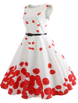 Vestido Retrô Marilyn Regata Estampado Acinturado Midi, P, M, G, GG, 2G, Branco e Vermelho Pétalas