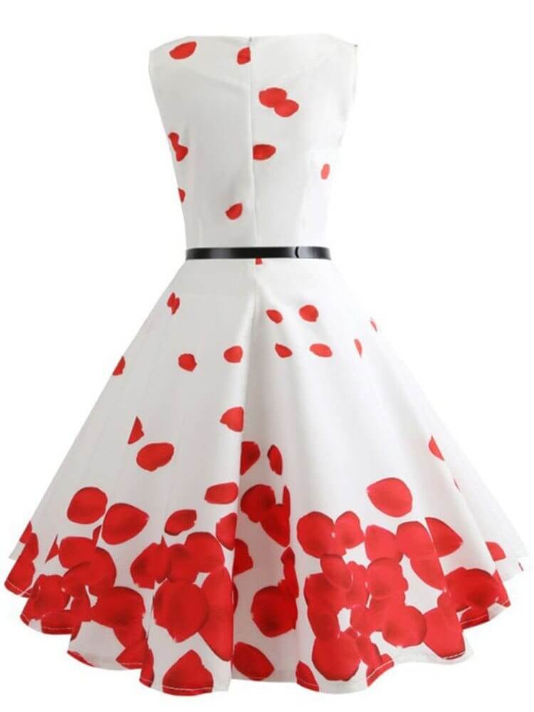 Vestido Retrô Marilyn Regata Estampado Acinturado Midi, P, M, G, GG, 2G, Branco e Vermelho Pétalas