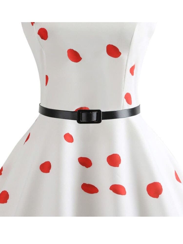 Vestido Retrô Marilyn Regata Estampado Acinturado Midi, P, M, G, GG, 2G, Branco e Vermelho Pétalas