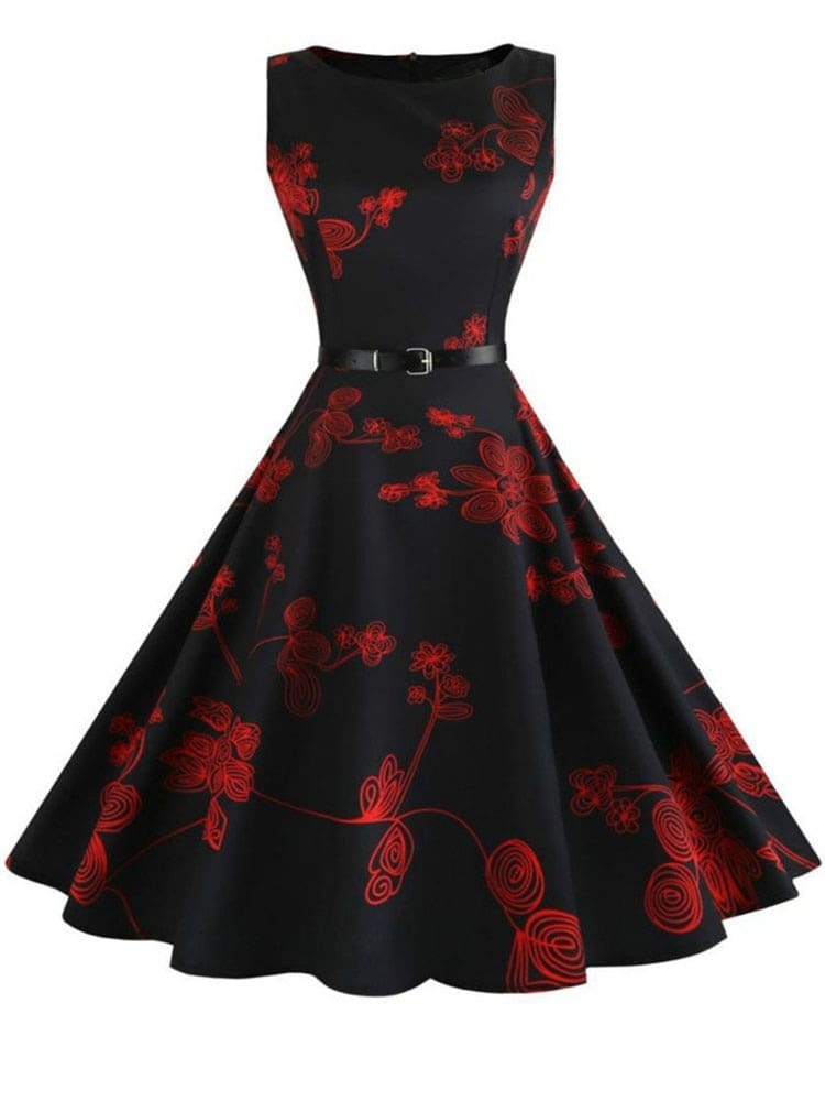 Vestido Retrô Marilyn Regata Estampado Acinturado Midi, P, M, G, GG, 2G, Preto e Vermelho Floral