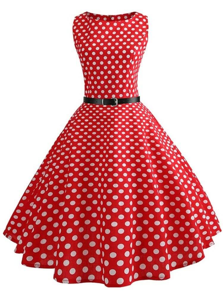 Vestido Retrô Marilyn Regata Estampado Acinturado Midi, P, M, G, GG, 2G, Vermelho e Branco Poá