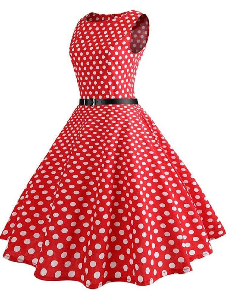 Vestido Retrô Marilyn Regata Estampado Acinturado Midi, P, M, G, GG, 2G, Vermelho e Branco Poá