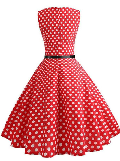 Vestido Retrô Marilyn Regata Estampado Acinturado Midi, P, M, G, GG, 2G, Vermelho e Branco Poá