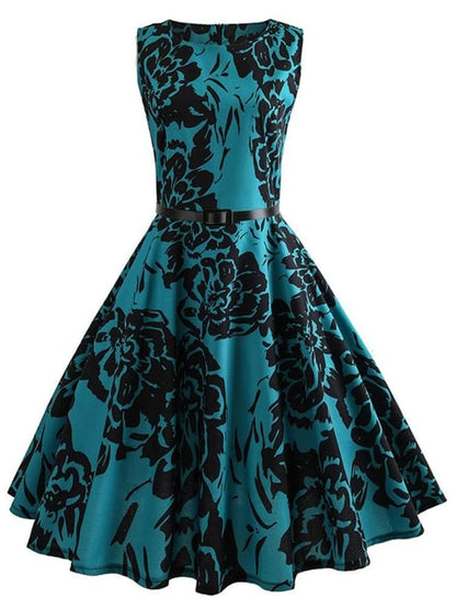 Vestido Retrô Marilyn Regata Estampado Acinturado Midi, P, M, G, GG, 2G, Azul e Preto Floral