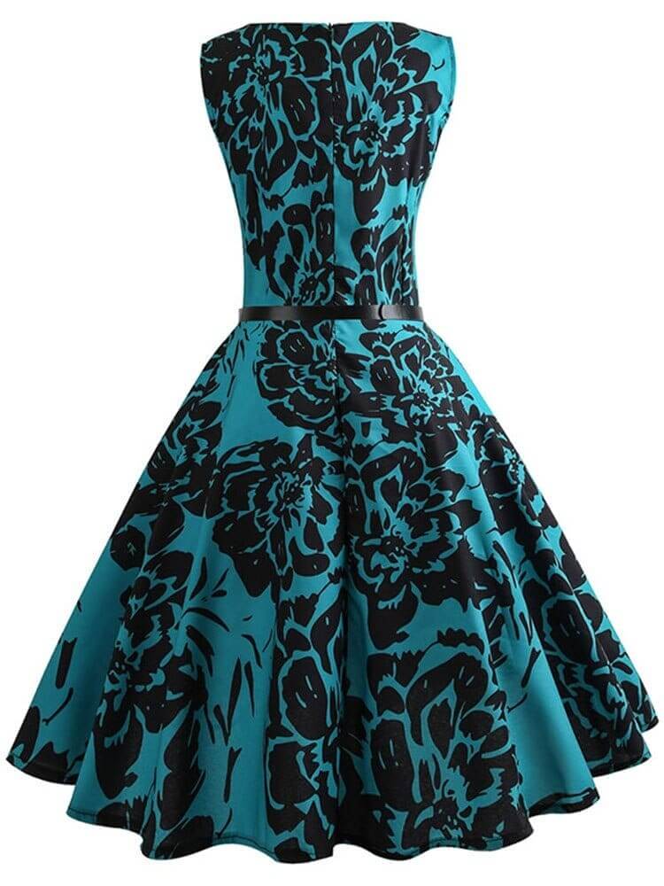 Vestido Retrô Marilyn Regata Estampado Acinturado Midi, P, M, G, GG, 2G, Azul e Preto Floral