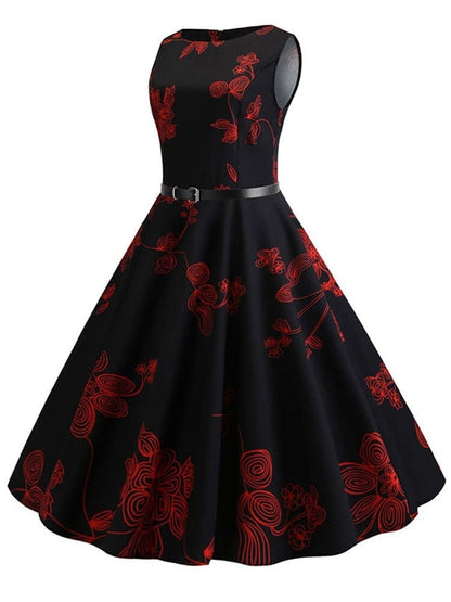 Vestido Retrô Marilyn Regata Estampado Acinturado Midi, P, M, G, GG, 2G, Preto e Vermelho Floral